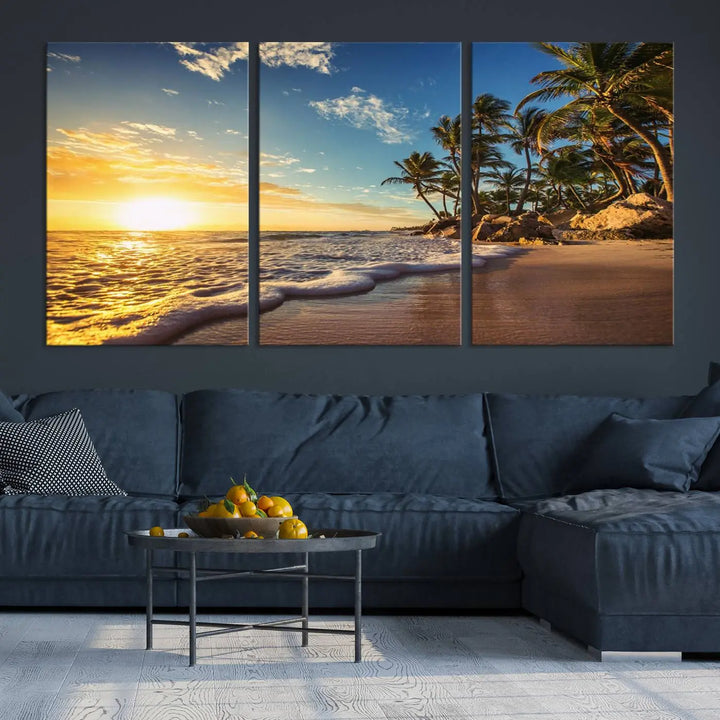 The wall features a Sunset Ocean View Beach Canvas Print, showcasing museum-quality craftsmanship by professional artisans.