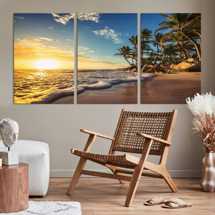 The wall features a Sunset Ocean View Beach Canvas Print, showcasing museum-quality craftsmanship by professional artisans.