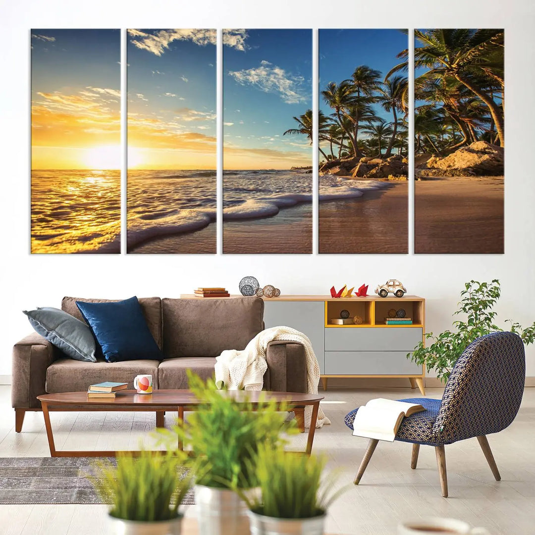 The wall features a Sunset Ocean View Beach Canvas Print, showcasing museum-quality craftsmanship by professional artisans.