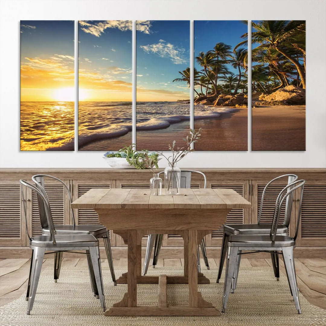 The wall features a Sunset Ocean View Beach Canvas Print, showcasing museum-quality craftsmanship by professional artisans.