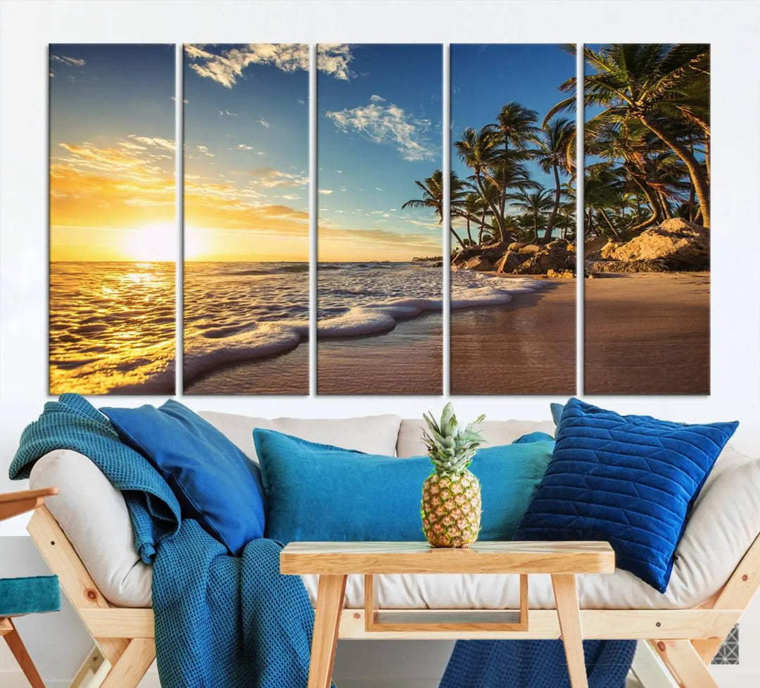 The wall features a Sunset Ocean View Beach Canvas Print, showcasing museum-quality craftsmanship by professional artisans.