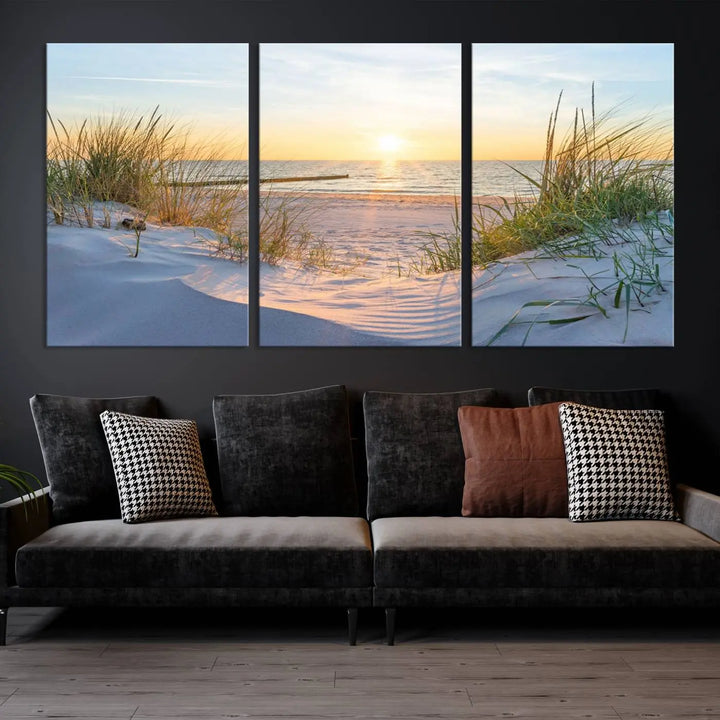 The Sunset Ocean View Beach Canvas Print Artwork, consisting of three panels depicting a tranquil beach sunset, is printed on museum-quality canvas with a UV-protective coating. Free shipping is available for an effortlessly elegant home transformation.