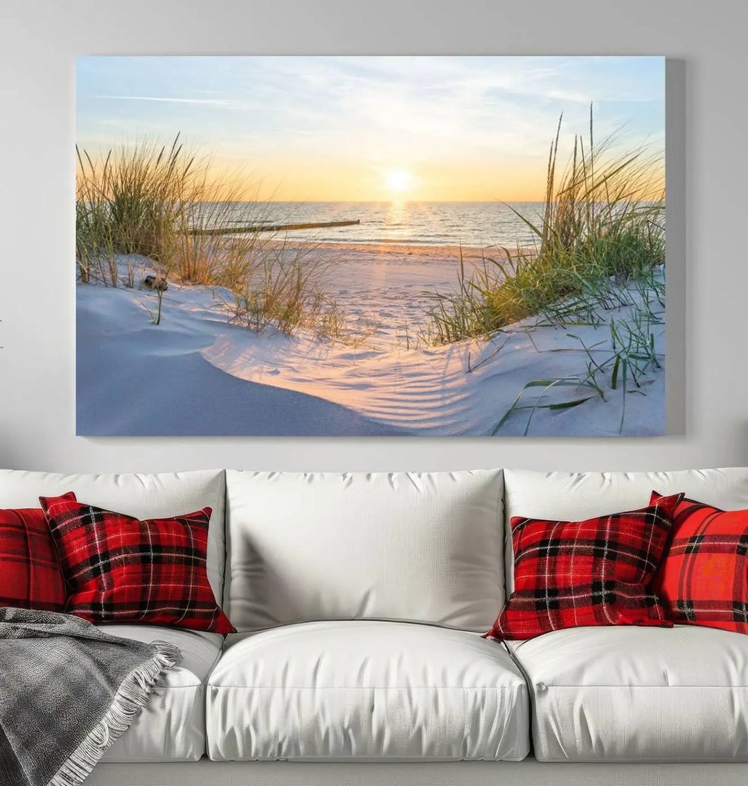 The Sunset Ocean View Beach Canvas Print Artwork, consisting of three panels depicting a tranquil beach sunset, is printed on museum-quality canvas with a UV-protective coating. Free shipping is available for an effortlessly elegant home transformation.