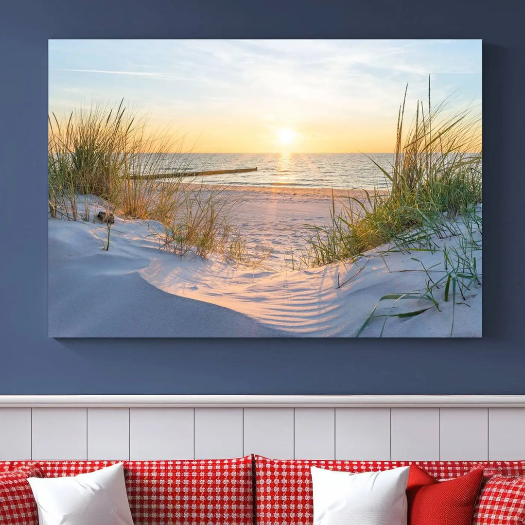 The Sunset Ocean View Beach Canvas Print Artwork, consisting of three panels depicting a tranquil beach sunset, is printed on museum-quality canvas with a UV-protective coating. Free shipping is available for an effortlessly elegant home transformation.