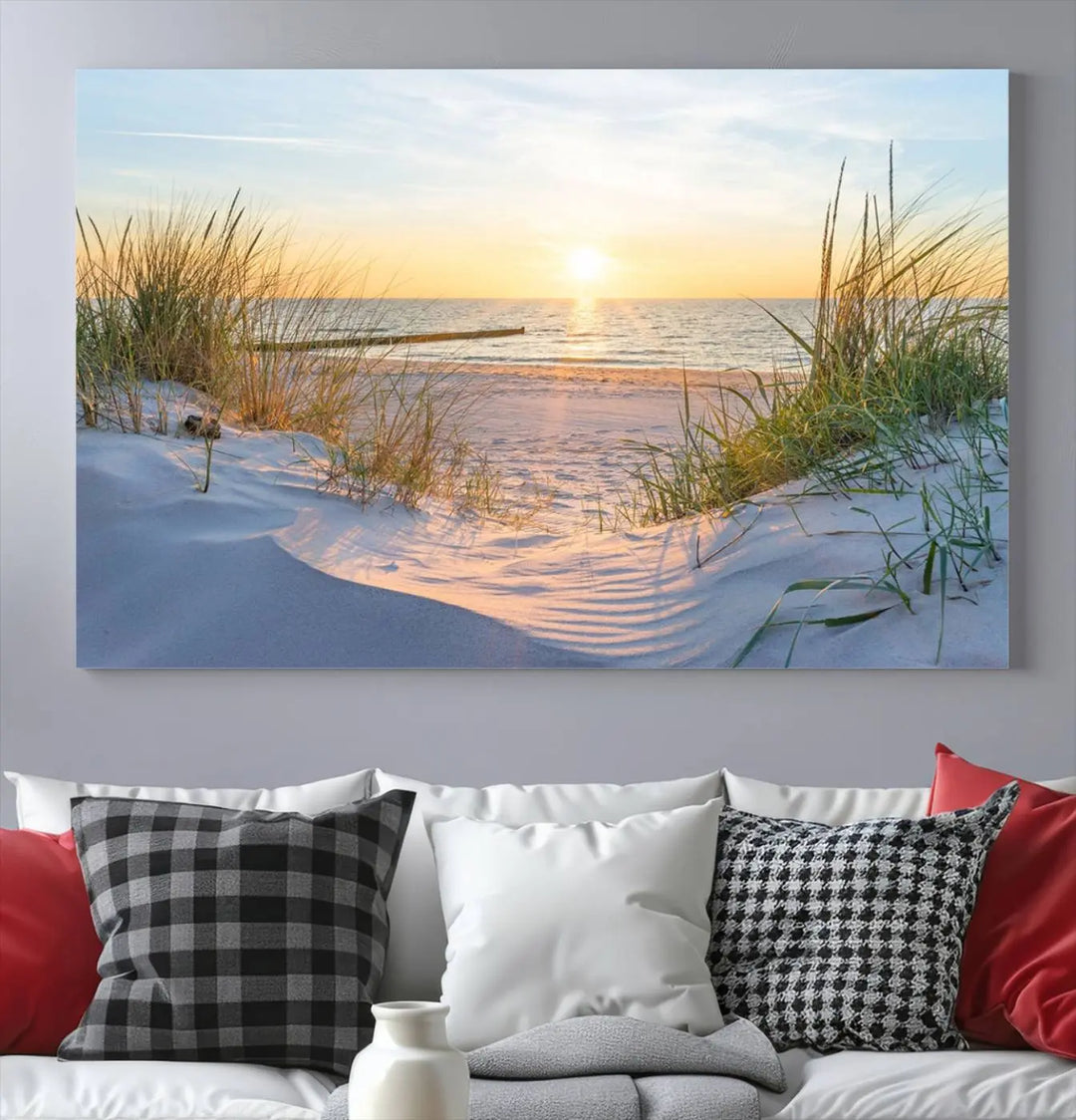 The Sunset Ocean View Beach Canvas Print Artwork, consisting of three panels depicting a tranquil beach sunset, is printed on museum-quality canvas with a UV-protective coating. Free shipping is available for an effortlessly elegant home transformation.