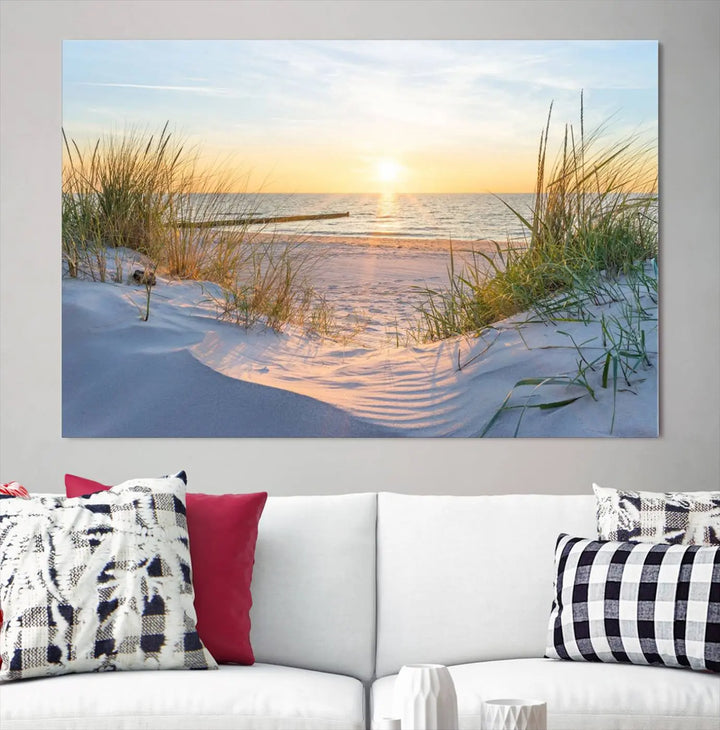 The Sunset Ocean View Beach Canvas Print Artwork, consisting of three panels depicting a tranquil beach sunset, is printed on museum-quality canvas with a UV-protective coating. Free shipping is available for an effortlessly elegant home transformation.