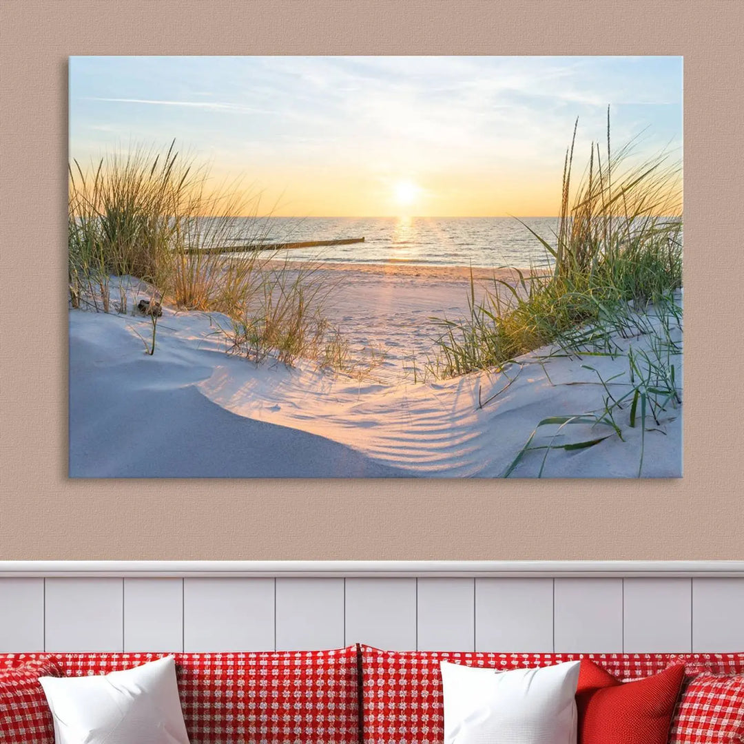 The Sunset Ocean View Beach Canvas Print Artwork, consisting of three panels depicting a tranquil beach sunset, is printed on museum-quality canvas with a UV-protective coating. Free shipping is available for an effortlessly elegant home transformation.