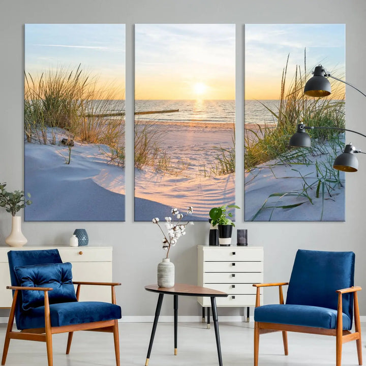 The Sunset Ocean View Beach Canvas Print Artwork, consisting of three panels depicting a tranquil beach sunset, is printed on museum-quality canvas with a UV-protective coating. Free shipping is available for an effortlessly elegant home transformation.