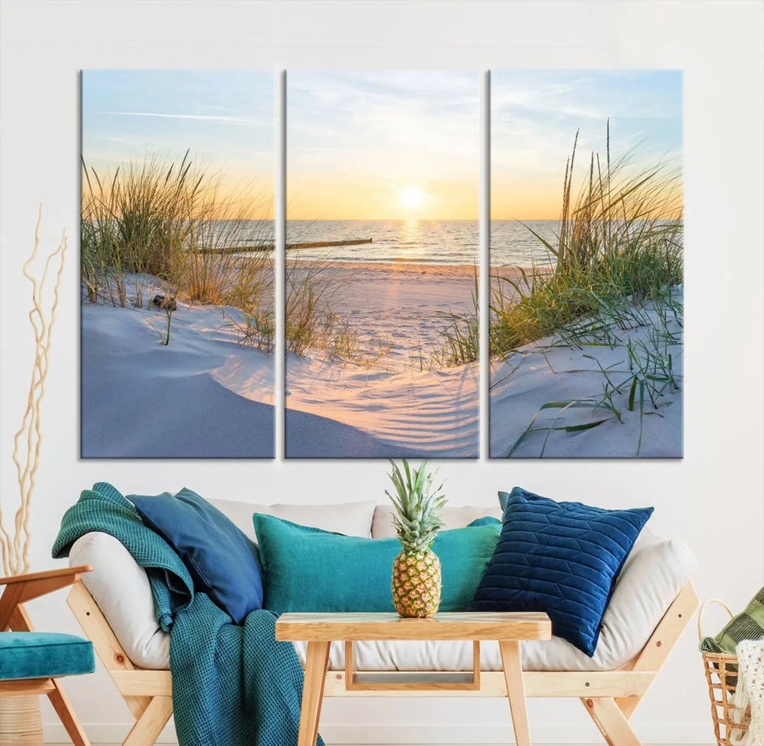 The Sunset Ocean View Beach Canvas Print Artwork, consisting of three panels depicting a tranquil beach sunset, is printed on museum-quality canvas with a UV-protective coating. Free shipping is available for an effortlessly elegant home transformation.