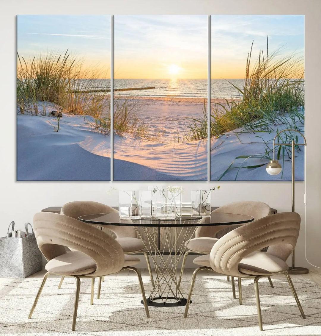 The Sunset Ocean View Beach Canvas Print Artwork, consisting of three panels depicting a tranquil beach sunset, is printed on museum-quality canvas with a UV-protective coating. Free shipping is available for an effortlessly elegant home transformation.