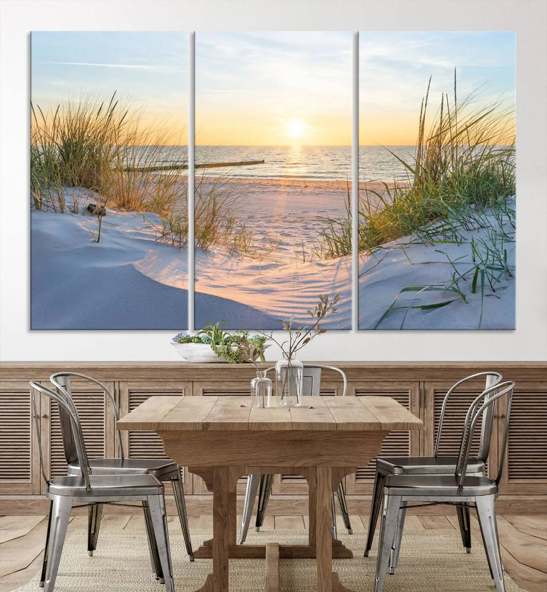 The Sunset Ocean View Beach Canvas Print Artwork, consisting of three panels depicting a tranquil beach sunset, is printed on museum-quality canvas with a UV-protective coating. Free shipping is available for an effortlessly elegant home transformation.