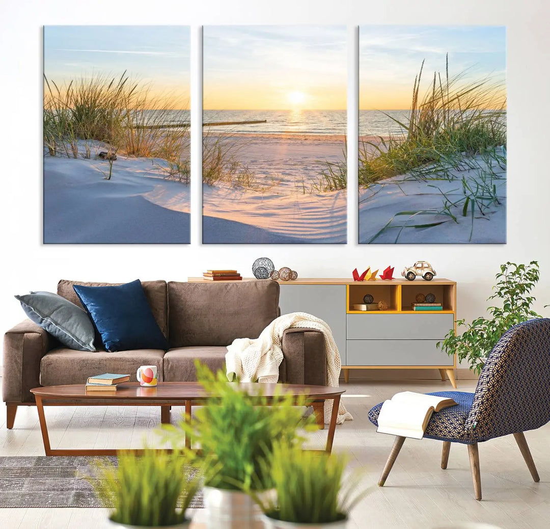 The Sunset Ocean View Beach Canvas Print Artwork, consisting of three panels depicting a tranquil beach sunset, is printed on museum-quality canvas with a UV-protective coating. Free shipping is available for an effortlessly elegant home transformation.