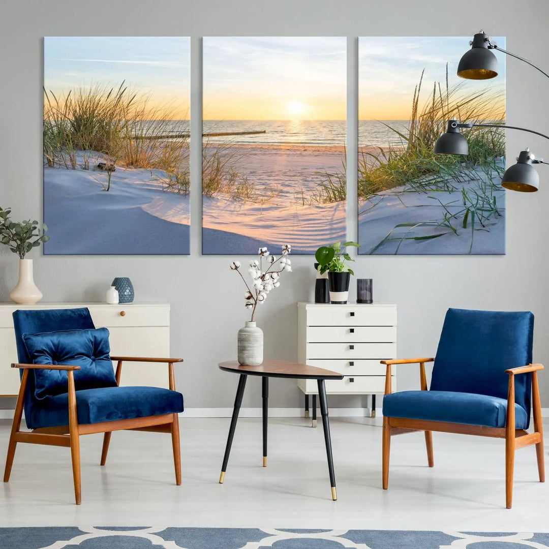 The Sunset Ocean View Beach Canvas Print Artwork, consisting of three panels depicting a tranquil beach sunset, is printed on museum-quality canvas with a UV-protective coating. Free shipping is available for an effortlessly elegant home transformation.