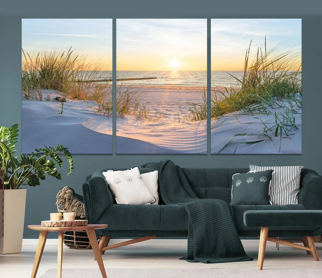 The Sunset Ocean View Beach Canvas Print Artwork, consisting of three panels depicting a tranquil beach sunset, is printed on museum-quality canvas with a UV-protective coating. Free shipping is available for an effortlessly elegant home transformation.