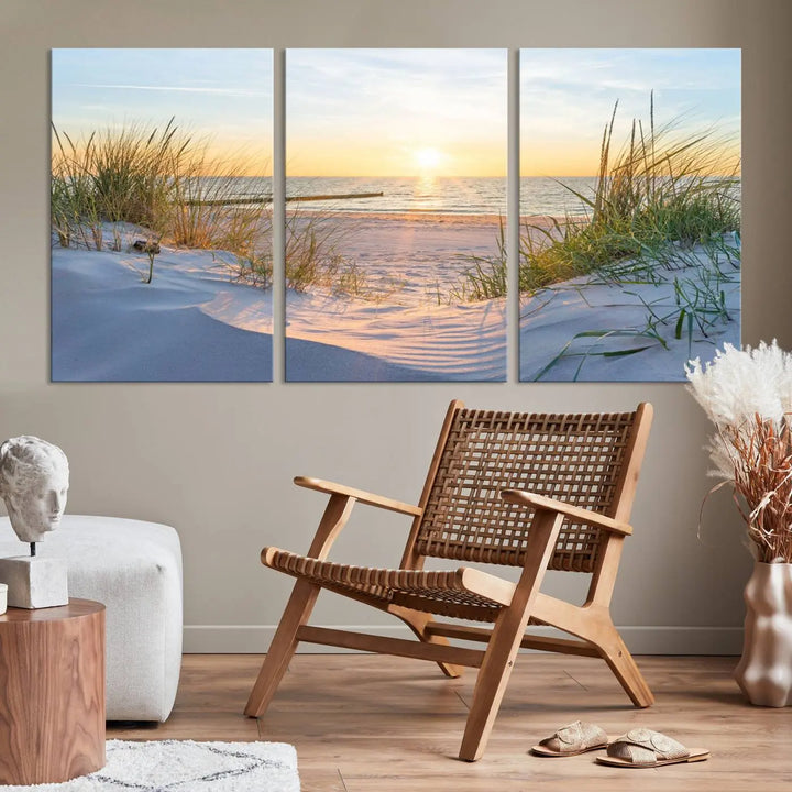 The Sunset Ocean View Beach Canvas Print Artwork, consisting of three panels depicting a tranquil beach sunset, is printed on museum-quality canvas with a UV-protective coating. Free shipping is available for an effortlessly elegant home transformation.