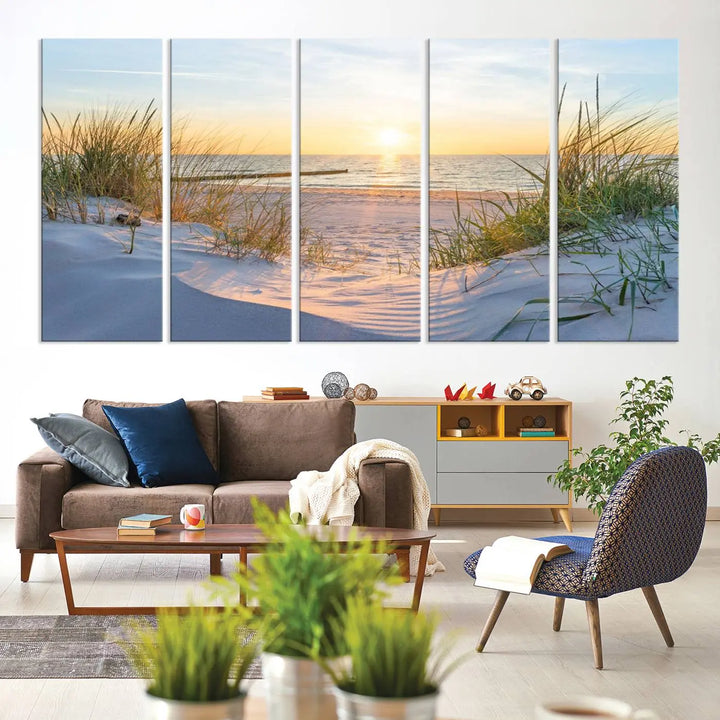 The Sunset Ocean View Beach Canvas Print Artwork, consisting of three panels depicting a tranquil beach sunset, is printed on museum-quality canvas with a UV-protective coating. Free shipping is available for an effortlessly elegant home transformation.