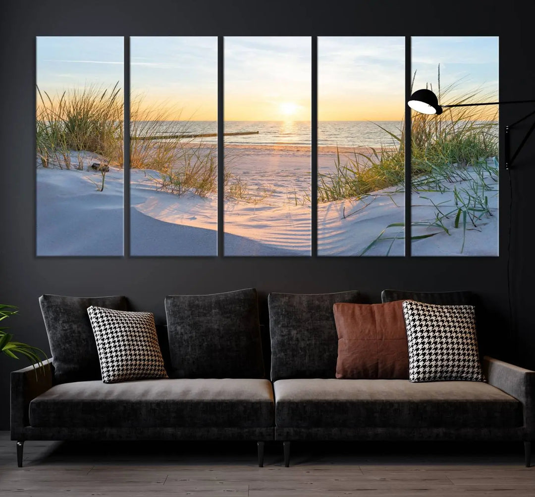 The Sunset Ocean View Beach Canvas Print Artwork, consisting of three panels depicting a tranquil beach sunset, is printed on museum-quality canvas with a UV-protective coating. Free shipping is available for an effortlessly elegant home transformation.