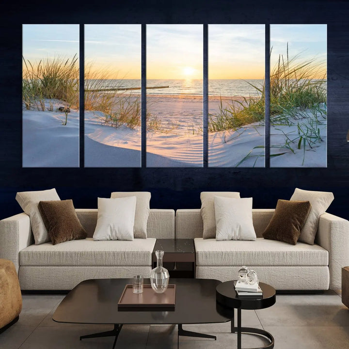 The Sunset Ocean View Beach Canvas Print Artwork, consisting of three panels depicting a tranquil beach sunset, is printed on museum-quality canvas with a UV-protective coating. Free shipping is available for an effortlessly elegant home transformation.