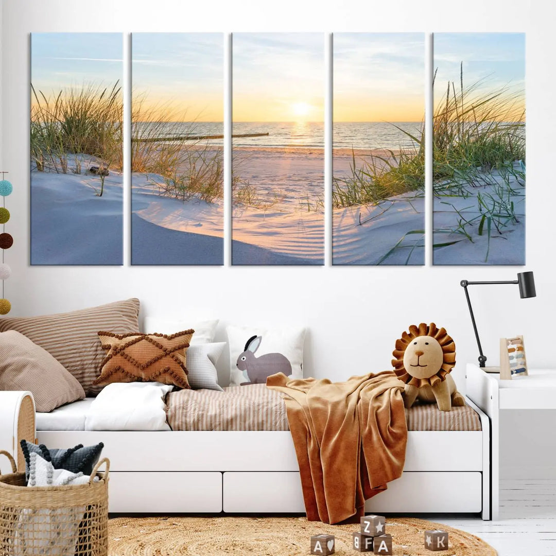 The Sunset Ocean View Beach Canvas Print Artwork, consisting of three panels depicting a tranquil beach sunset, is printed on museum-quality canvas with a UV-protective coating. Free shipping is available for an effortlessly elegant home transformation.