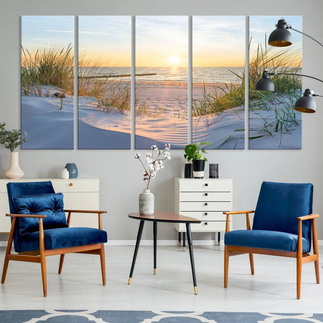 The Sunset Ocean View Beach Canvas Print Artwork, consisting of three panels depicting a tranquil beach sunset, is printed on museum-quality canvas with a UV-protective coating. Free shipping is available for an effortlessly elegant home transformation.