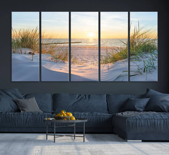 The Sunset Ocean View Beach Canvas Print Artwork, consisting of three panels depicting a tranquil beach sunset, is printed on museum-quality canvas with a UV-protective coating. Free shipping is available for an effortlessly elegant home transformation.