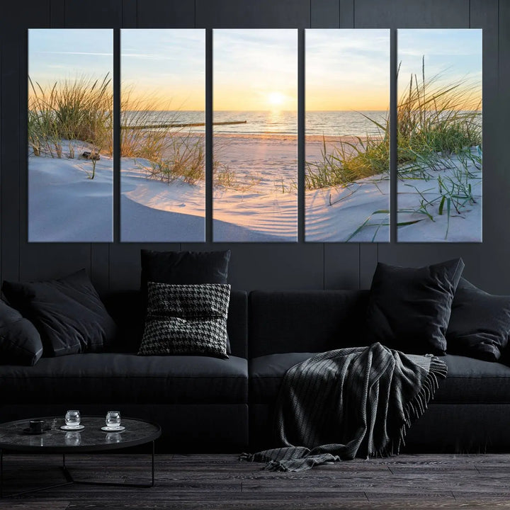 The Sunset Ocean View Beach Canvas Print Artwork, consisting of three panels depicting a tranquil beach sunset, is printed on museum-quality canvas with a UV-protective coating. Free shipping is available for an effortlessly elegant home transformation.