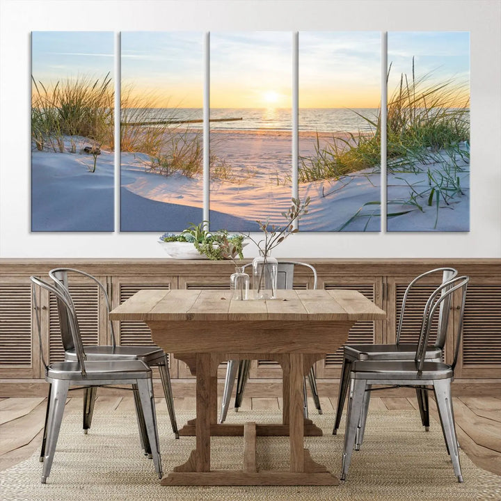 The Sunset Ocean View Beach Canvas Print Artwork, consisting of three panels depicting a tranquil beach sunset, is printed on museum-quality canvas with a UV-protective coating. Free shipping is available for an effortlessly elegant home transformation.