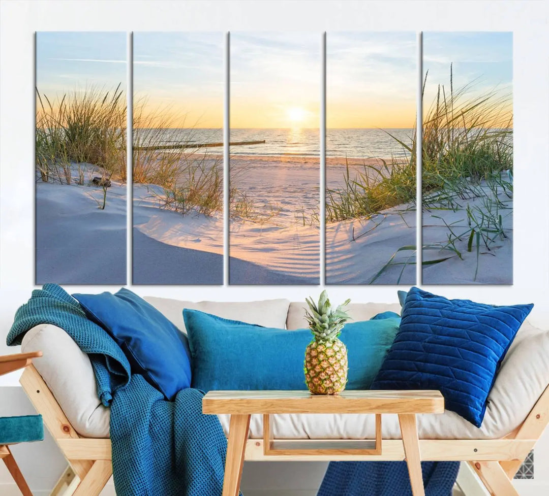 The Sunset Ocean View Beach Canvas Print Artwork, consisting of three panels depicting a tranquil beach sunset, is printed on museum-quality canvas with a UV-protective coating. Free shipping is available for an effortlessly elegant home transformation.