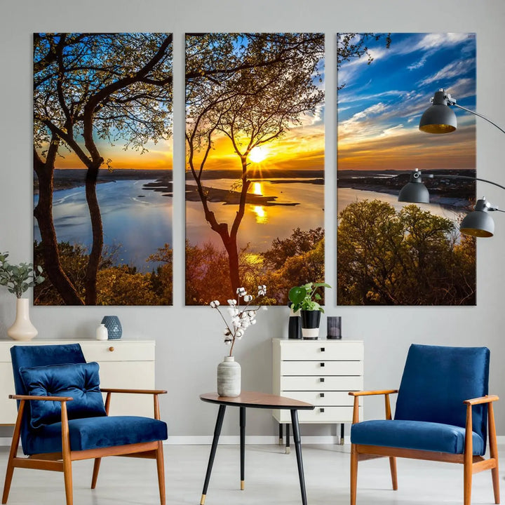 The "Sunset On The Lake Wall Art Canvas Print," featuring a vibrant sunset over a lake, is expertly crafted on museum-quality canvas and comes ready to hang. Its UV-protective coating ensures the colors stay as vivid as when they were first framed.