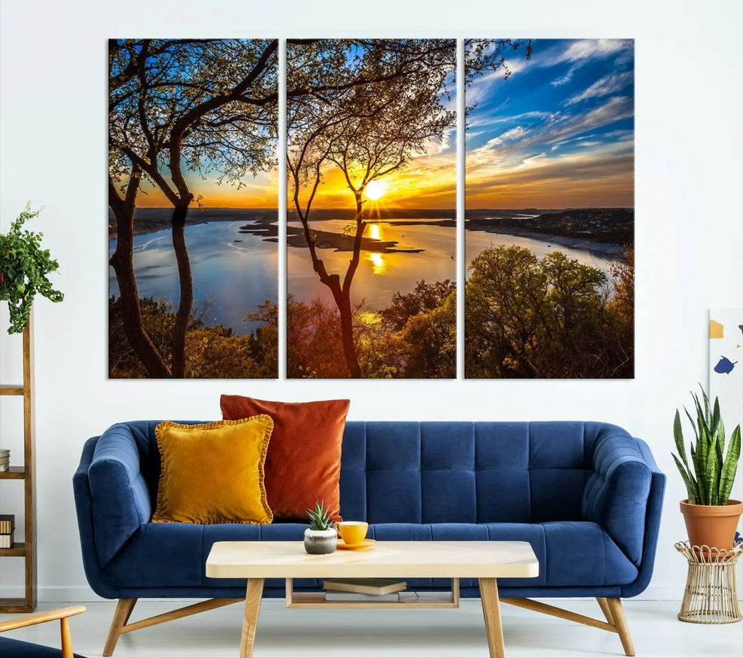 The "Sunset On The Lake Wall Art Canvas Print," featuring a vibrant sunset over a lake, is expertly crafted on museum-quality canvas and comes ready to hang. Its UV-protective coating ensures the colors stay as vivid as when they were first framed.