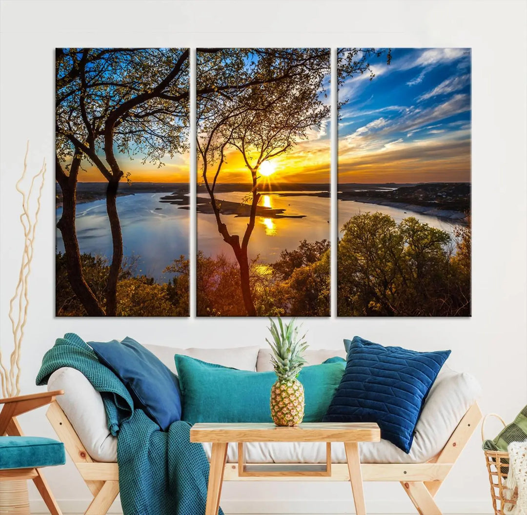 The "Sunset On The Lake Wall Art Canvas Print," featuring a vibrant sunset over a lake, is expertly crafted on museum-quality canvas and comes ready to hang. Its UV-protective coating ensures the colors stay as vivid as when they were first framed.