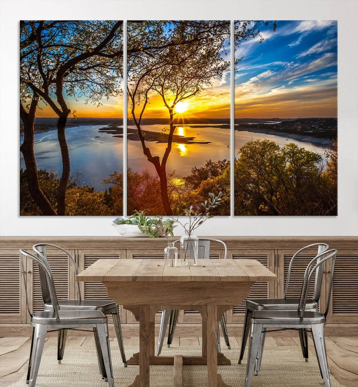 The "Sunset On The Lake Wall Art Canvas Print," featuring a vibrant sunset over a lake, is expertly crafted on museum-quality canvas and comes ready to hang. Its UV-protective coating ensures the colors stay as vivid as when they were first framed.