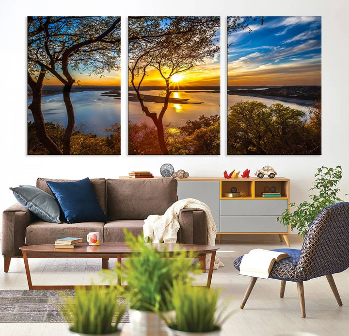 The "Sunset On The Lake Wall Art Canvas Print," featuring a vibrant sunset over a lake, is expertly crafted on museum-quality canvas and comes ready to hang. Its UV-protective coating ensures the colors stay as vivid as when they were first framed.