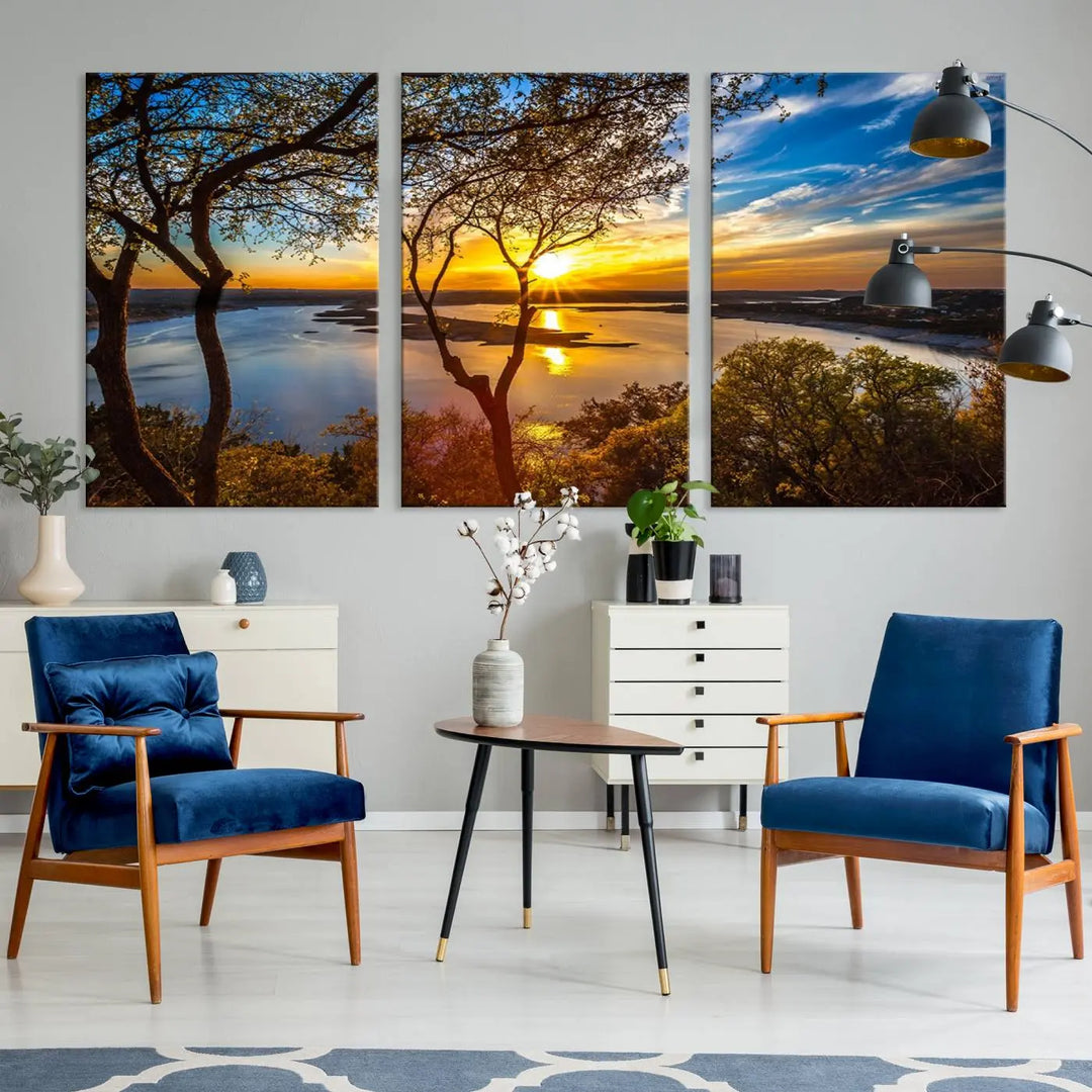 The "Sunset On The Lake Wall Art Canvas Print," featuring a vibrant sunset over a lake, is expertly crafted on museum-quality canvas and comes ready to hang. Its UV-protective coating ensures the colors stay as vivid as when they were first framed.