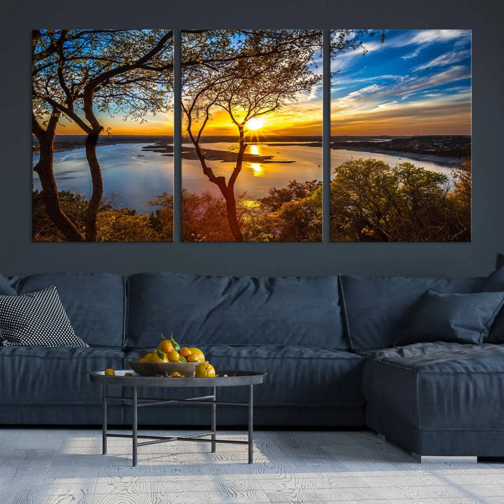 The "Sunset On The Lake Wall Art Canvas Print," featuring a vibrant sunset over a lake, is expertly crafted on museum-quality canvas and comes ready to hang. Its UV-protective coating ensures the colors stay as vivid as when they were first framed.