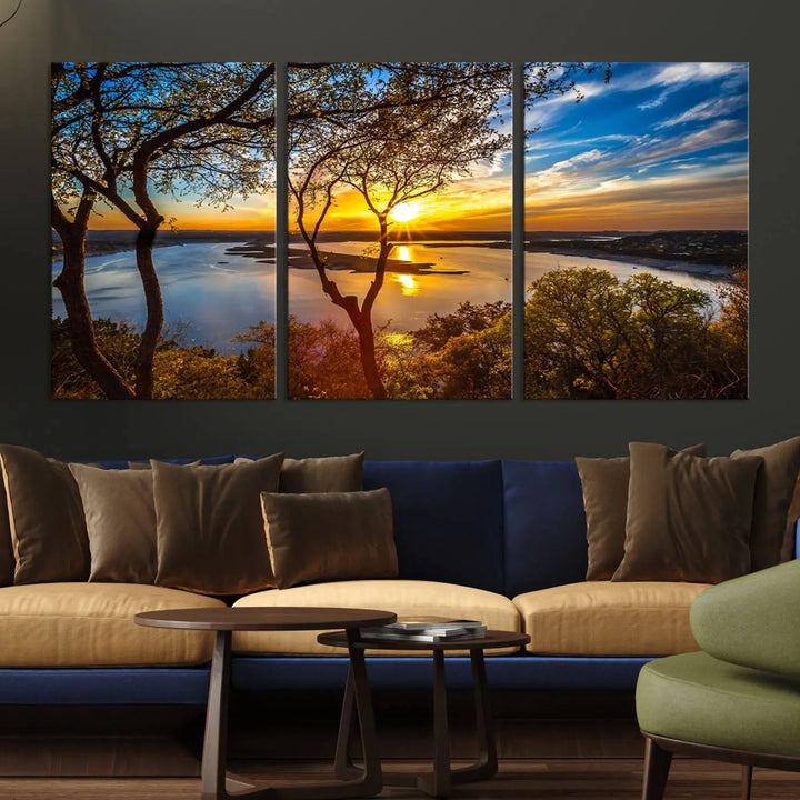 The "Sunset On The Lake Wall Art Canvas Print," featuring a vibrant sunset over a lake, is expertly crafted on museum-quality canvas and comes ready to hang. Its UV-protective coating ensures the colors stay as vivid as when they were first framed.