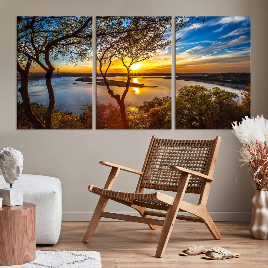 The "Sunset On The Lake Wall Art Canvas Print," featuring a vibrant sunset over a lake, is expertly crafted on museum-quality canvas and comes ready to hang. Its UV-protective coating ensures the colors stay as vivid as when they were first framed.