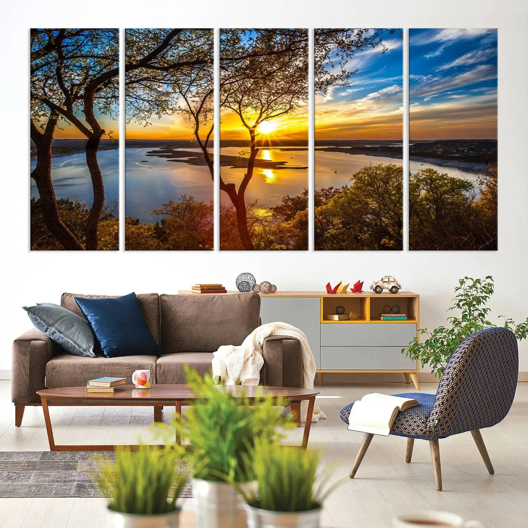 The "Sunset On The Lake Wall Art Canvas Print," featuring a vibrant sunset over a lake, is expertly crafted on museum-quality canvas and comes ready to hang. Its UV-protective coating ensures the colors stay as vivid as when they were first framed.