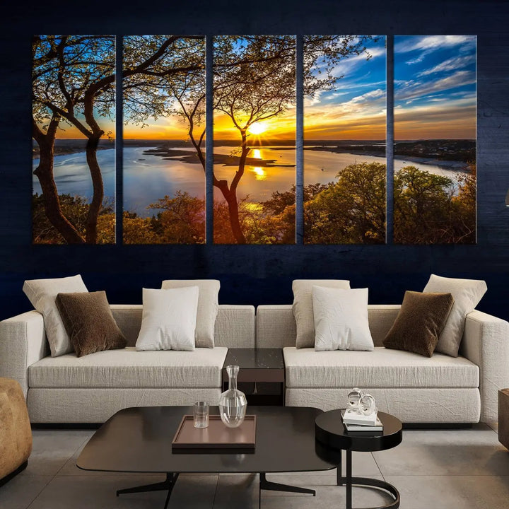 The "Sunset On The Lake Wall Art Canvas Print," featuring a vibrant sunset over a lake, is expertly crafted on museum-quality canvas and comes ready to hang. Its UV-protective coating ensures the colors stay as vivid as when they were first framed.