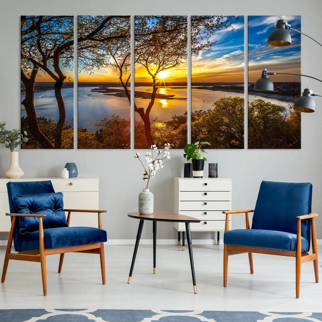 The "Sunset On The Lake Wall Art Canvas Print," featuring a vibrant sunset over a lake, is expertly crafted on museum-quality canvas and comes ready to hang. Its UV-protective coating ensures the colors stay as vivid as when they were first framed.