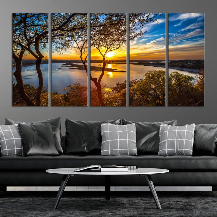 The "Sunset On The Lake Wall Art Canvas Print," featuring a vibrant sunset over a lake, is expertly crafted on museum-quality canvas and comes ready to hang. Its UV-protective coating ensures the colors stay as vivid as when they were first framed.