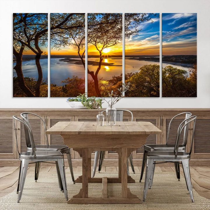 The "Sunset On The Lake Wall Art Canvas Print," featuring a vibrant sunset over a lake, is expertly crafted on museum-quality canvas and comes ready to hang. Its UV-protective coating ensures the colors stay as vivid as when they were first framed.