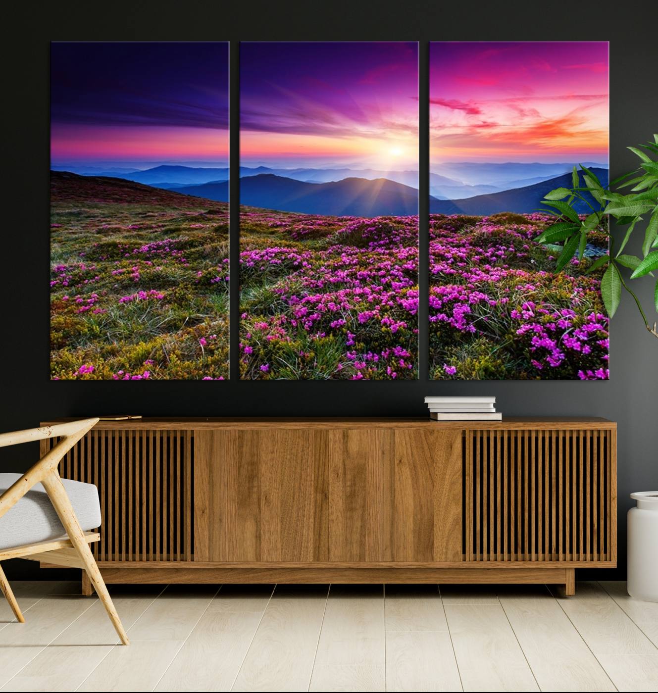 89378-MGV-CV-36X24-Sunset Over Mountain Meadows With Purple Wildflowers Wall Art Canvas Print | 3-Panel Landscape