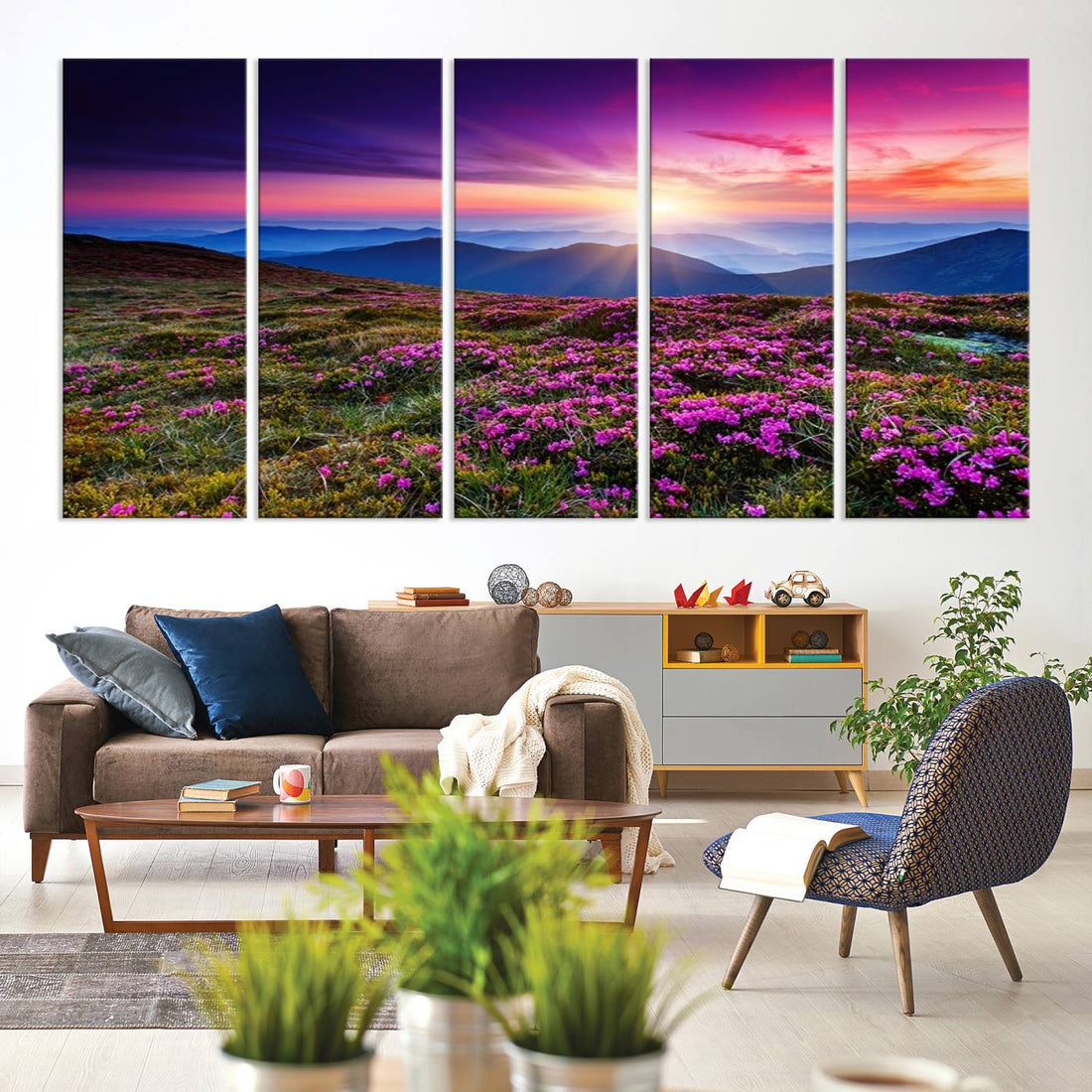Sunset Over Mountain Meadows With Purple Wildflowers Wall Art Canvas Print