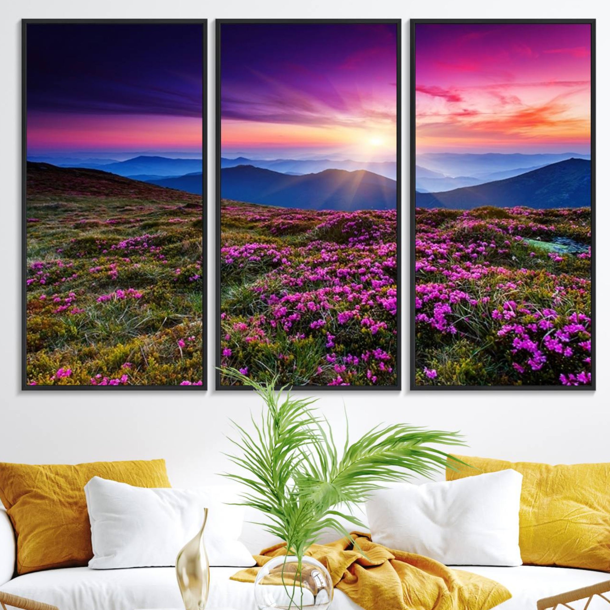 89378-MGV-FC-48X32-3P_Black-Sunset Over Mountain Meadows With Purple Wildflowers Wall Art Canvas Print | 3-Panel Landscape
