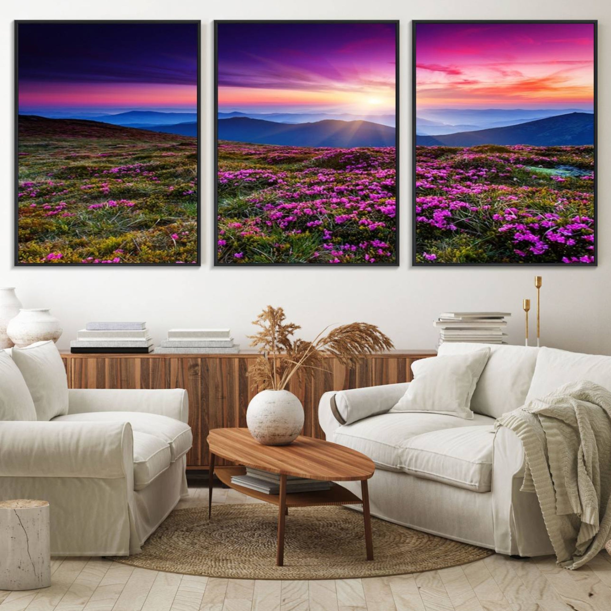 89378-MGV-FC-60X30-3P_Black-Sunset Over Mountain Meadows With Purple Wildflowers Wall Art Canvas Print | 3-Panel Landscape