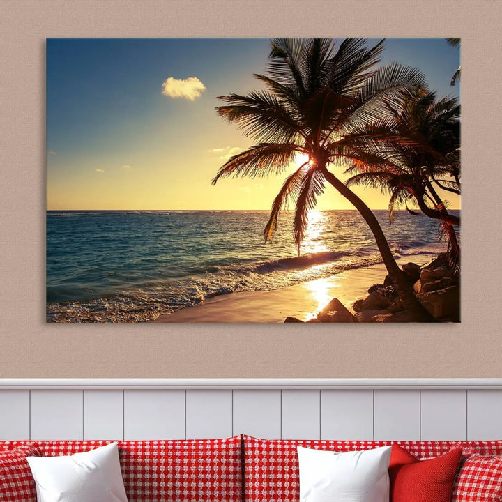 The Sunset Palm Trees Wall Art Canvas Print, a triptych masterpiece depicting a tropical beach sunset with palm trees, is expertly displayed on museum-quality canvases.