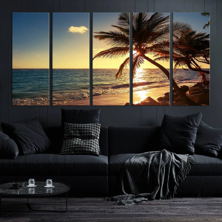 The Sunset Palm Trees Wall Art Canvas Print, a triptych masterpiece depicting a tropical beach sunset with palm trees, is expertly displayed on museum-quality canvases.