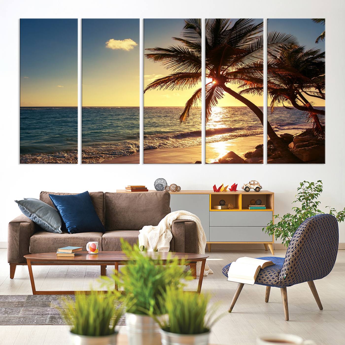 82710-MGV-CV-60X31-5P-Sunset Palm Trees Wall Art Canvas Print
