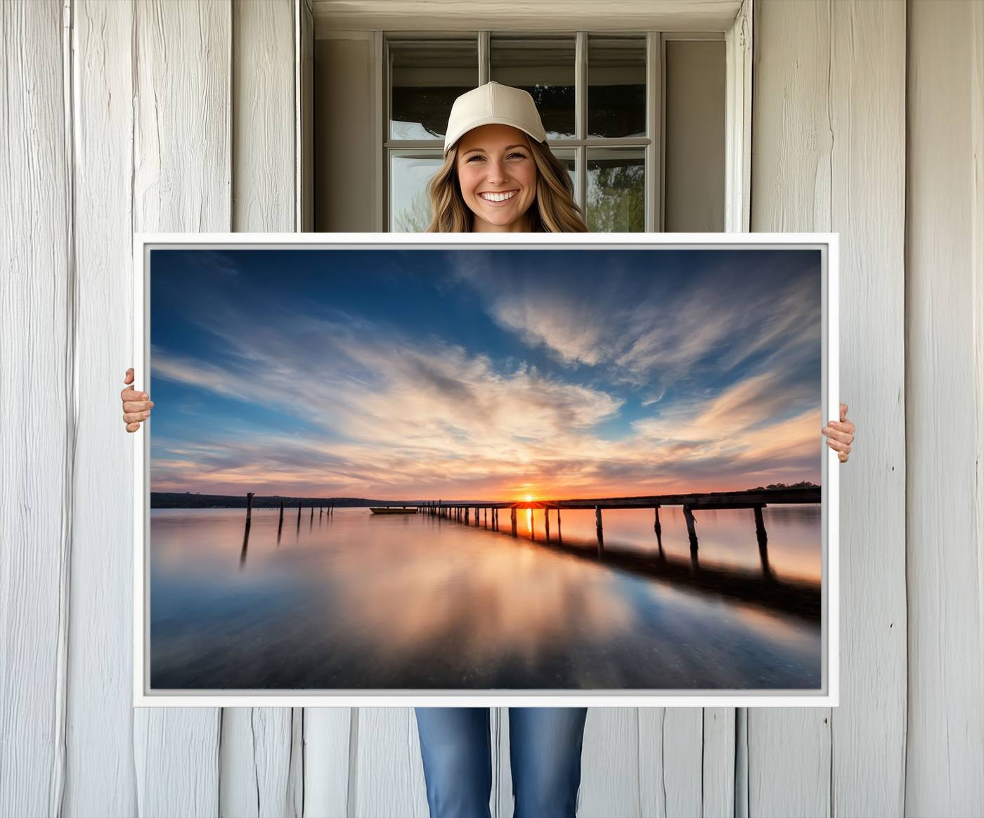 11855-MGV-CV-36X24-Sunset Pier Giclee Canvas Wall Art – Serene Coastal Landscape for Modern Home Decor, Large